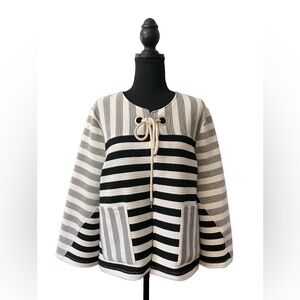 Great Cavalier: White, Black and Gray Striped Jacket with Rope Tie